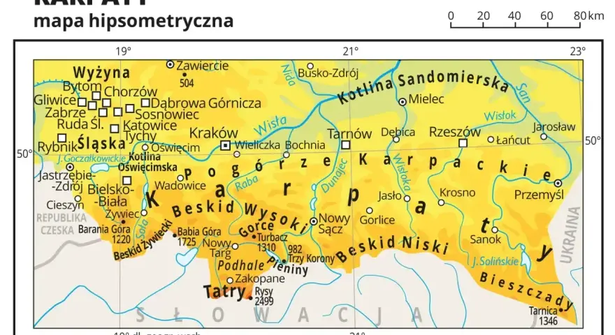 Mapa Polski z zaznaczonymi pasmami górskimi. Gdzie są Beskidy? Na południu kraju, między Krakowem a Słowacją, rozciągają się Beskid Żywiecki, Wysoki i Niski.