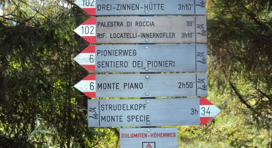 Tablica z drogowskazami w Alpach, wskazująca kierunki i czasy dojścia do schronisk i szlaków. Idealne miejsce na trekking.