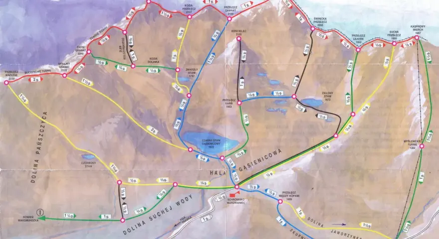 Mapa szlaków turystycznych w Tatrach Wysokich, ukazująca trasy przez Dolinę Gąsienicową, Kozi Wierch i Kasprowy Wierch.