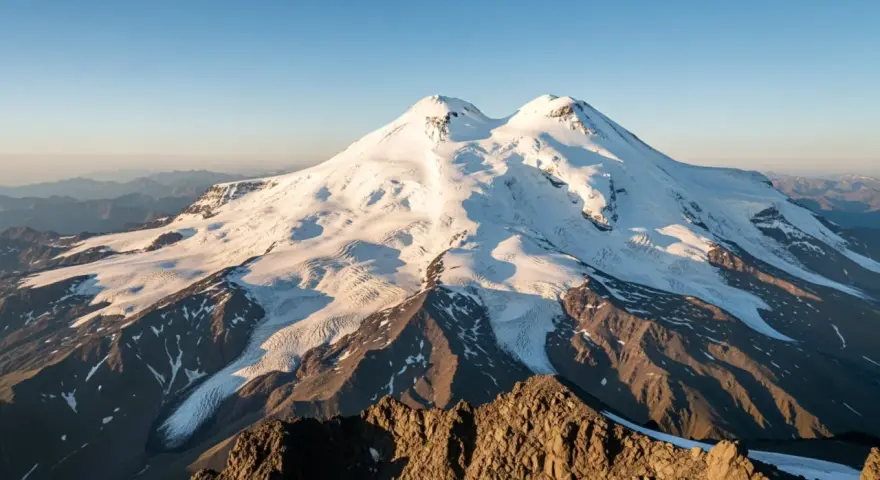 Elbrus, najwyższa góra Europy, lśni w słońcu. Jej ośnieżone szczyty i lodowce tworzą majestatyczny krajobraz.