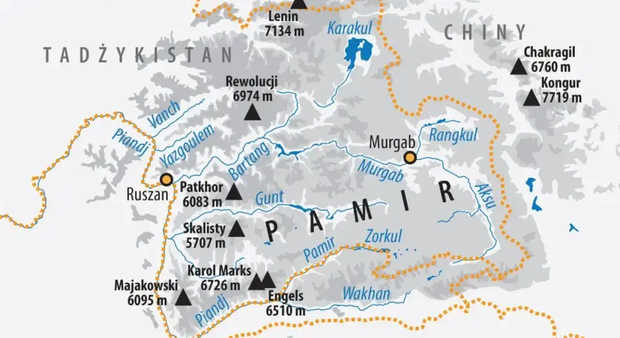 Mapa górskiego regionu Pamir z zaznaczonymi szczytami, rzekami i jeziorami. Widoczne są nazwy krajów: Tadżykistan, Kirgistan, Chiny, Afganistan, Pakistan.