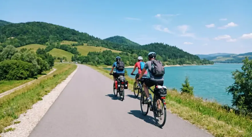 Trzy osoby na rowerach przemierzają malowniczą velo czorsztyn trasę wzdłuż jeziora, otoczone zielonymi wzgórzami.