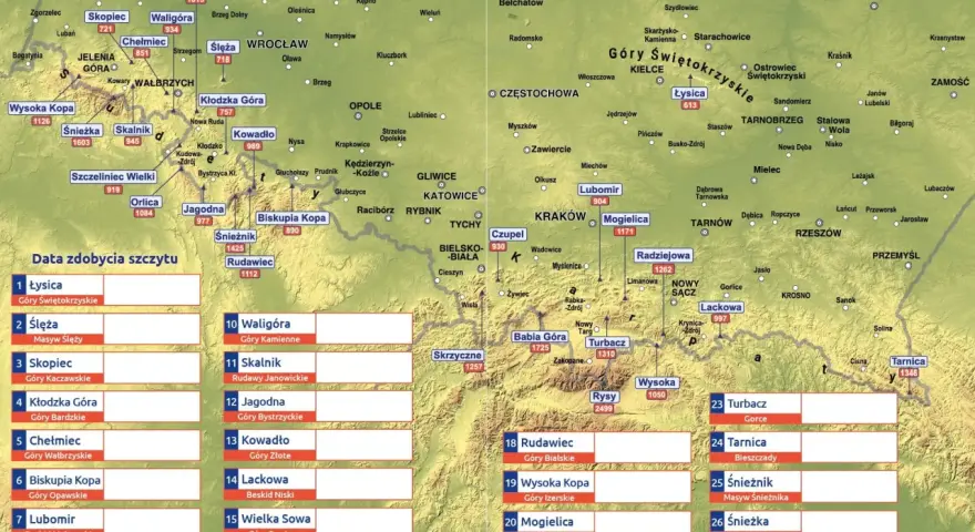 Mapa szczytów Polski, w tym korona sudetów polskich. Zaznaczone Karkonosze, Góry Sowie, Góry Wałbrzyskie i inne pasma.