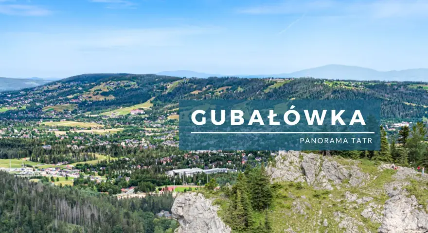 Widok z Gubałówki na panoramę Tatr. Malownicze zbocza, lasy i zabudowania tworzą piękny krajobraz.