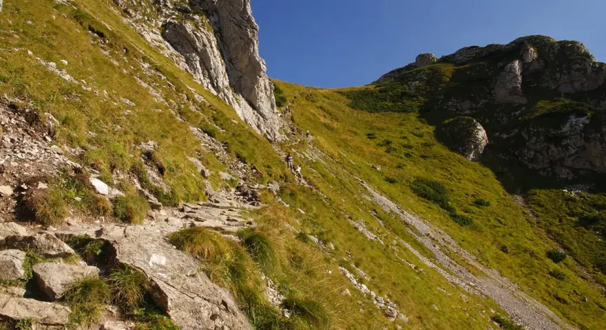 Kamienista ścieżka, czerwony szlak na Giewont, wije się po zboczu porośniętym trawą. W oddali widać turystów.
