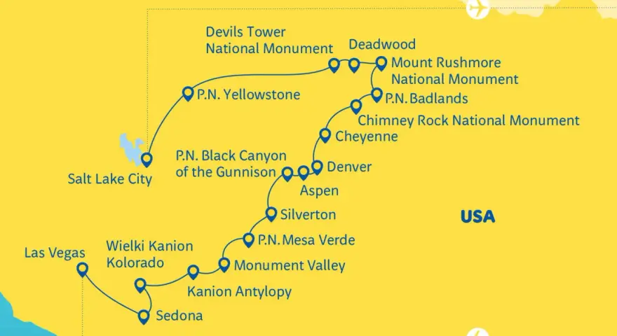 Mapa USA z zaznaczonymi parkami narodowymi: Yellowstone, Black Canyon, Mesa Verde, Wielki Kanion Kolorado, Antelope Canyon, Badlands, Mount Rushmore, Devils Tower, Chimney Rock.