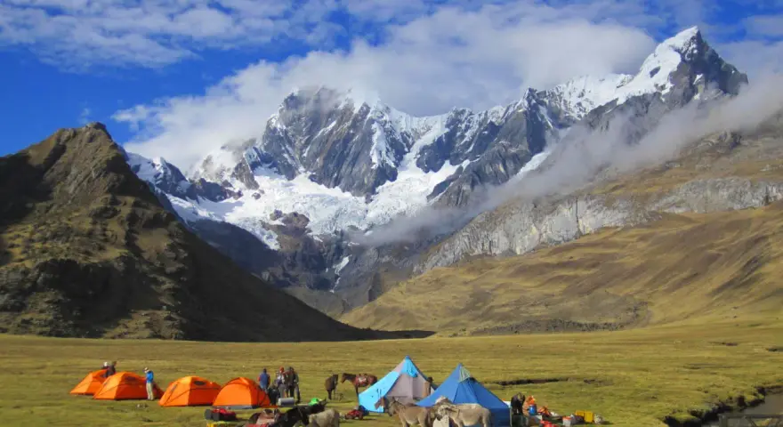 Obóz pod majestatyczną Cordillera Blanca. Namioty, ludzie i muły na zielonej łące, w tle ośnieżone szczyty.