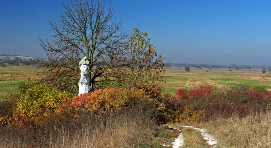 Kamienna figura Matki Boskiej na tle jesiennego krajobrazu Ponidzia. Droga wśród traw prowadzi do kapliczki.
