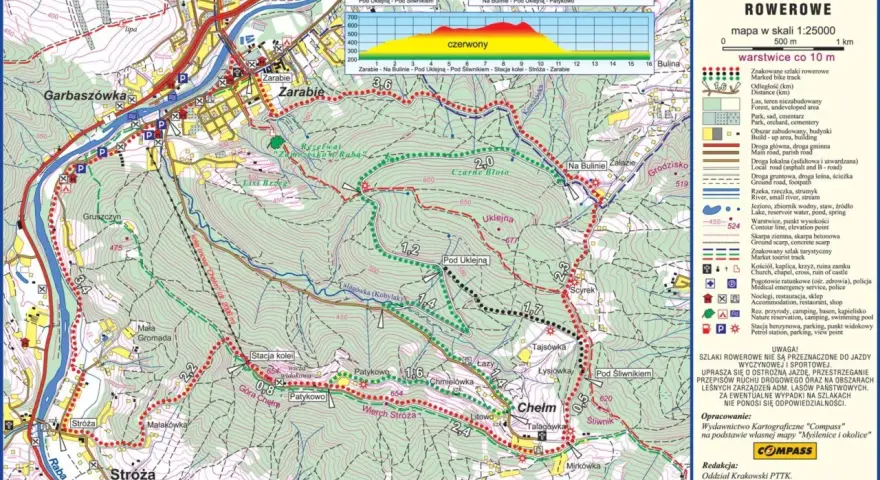 Mapa szlaków rowerowych w Myślenicach i okolicach. Widok na góry, lasy, rzekę Rabę i zabudowania.