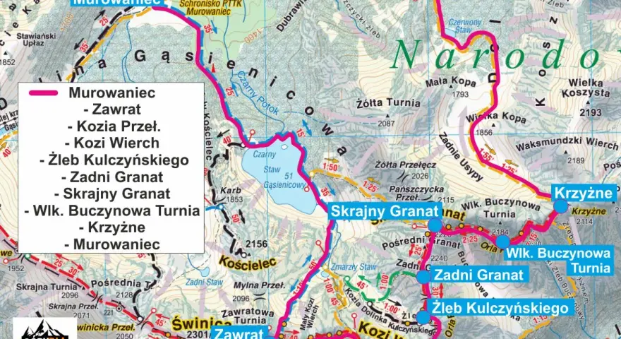 Mapa szlaków Orla Perć: Murowaniec, Zawrat, Kozi Wierch, Skrajny Granat, Zadni Granat, Krzyżne i inne szczyty.