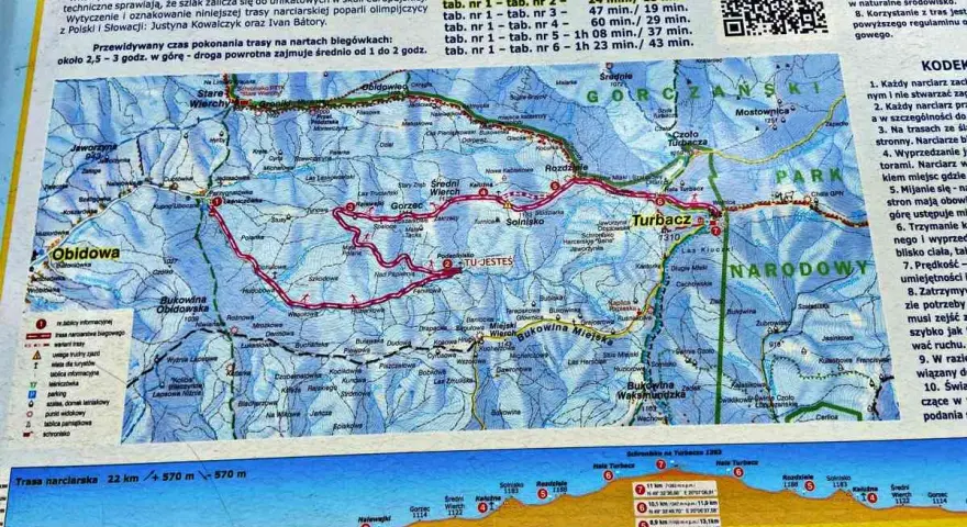Mapa z zaznaczonymi gorce szlaki turystyczne, w tym trasy narciarskie i piesze. Widoczne szczyty, schroniska i punkty widokowe.