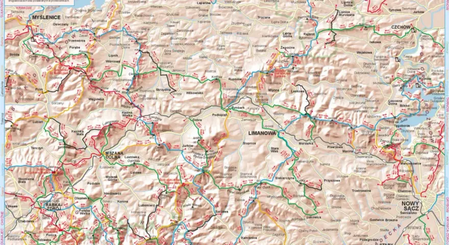 Mapa turystyczna Beskidu Wyspowego z zaznaczonymi trasami. Widać liczne miejscowości i szlaki piesze.