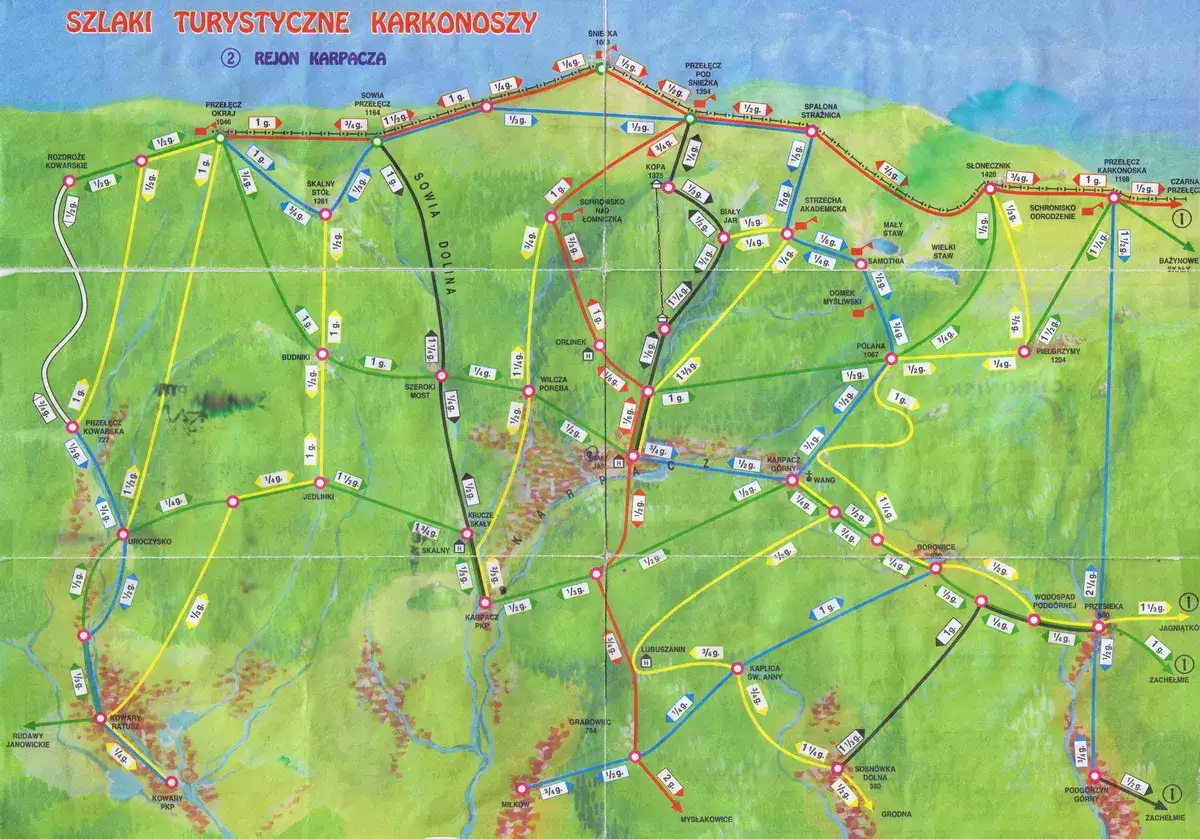 Mapa szlaków na Śnieżkę z Karpacza