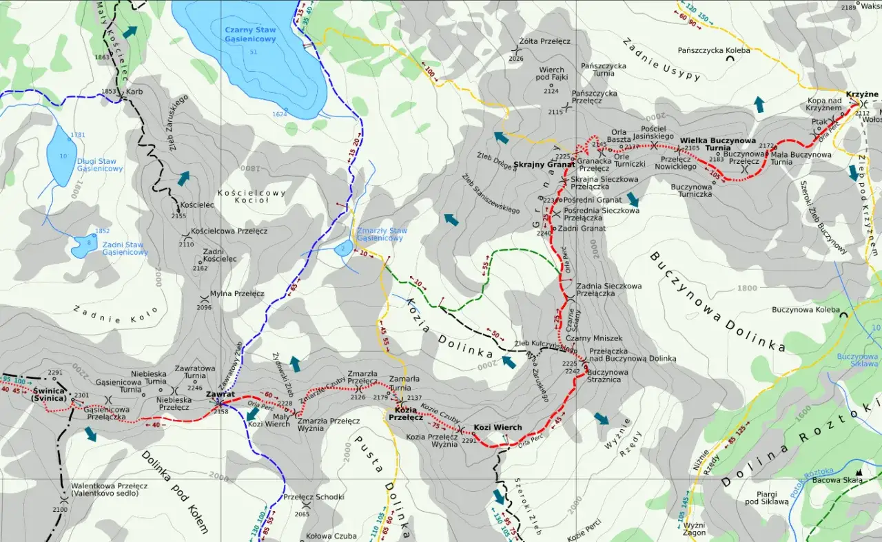 Mapa Tatr z zaznaczonymi szlakami, w tym Orlą Percią. Widoczne szczyty, doliny i stawy.