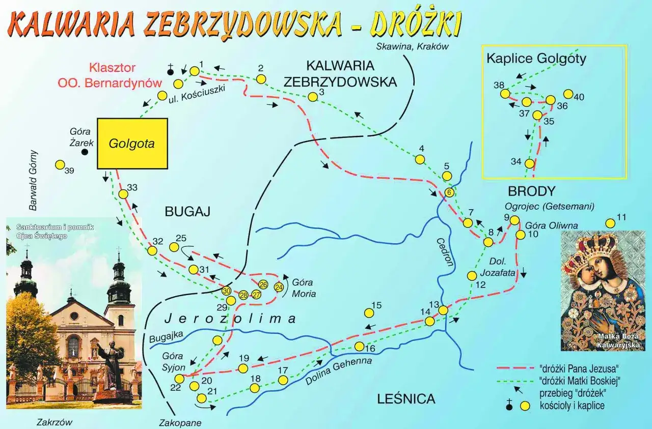 Mapa Kalwarii Zebrzydowskiej z zaznaczonymi dróżkami Pana Jezusa i Matki Boskiej. Czas przejścia dróżek jest kluczowy dla pielgrzymów.