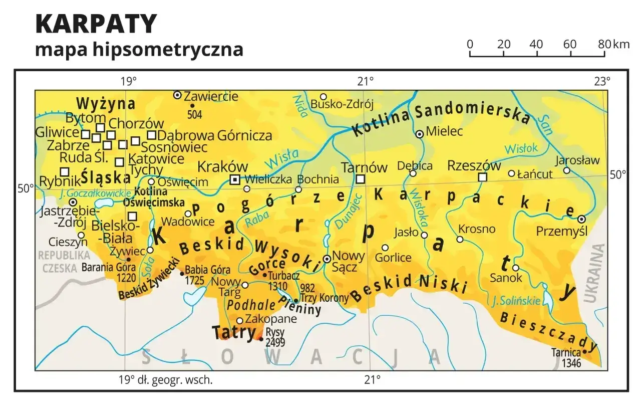 Mapa Polski z zaznaczonymi pasmami górskimi. Gdzie są Beskidy? Na południu kraju, między Krakowem a Słowacją, rozciągają się Beskid Śląski, Wysoki i Niski.