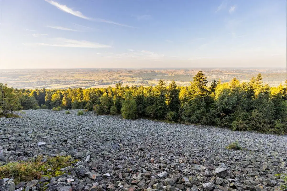 Kamieniste zbocze, las i rozległa panorama. Tu właśnie jest Łysa Góra, skąd widać pola i doliny.