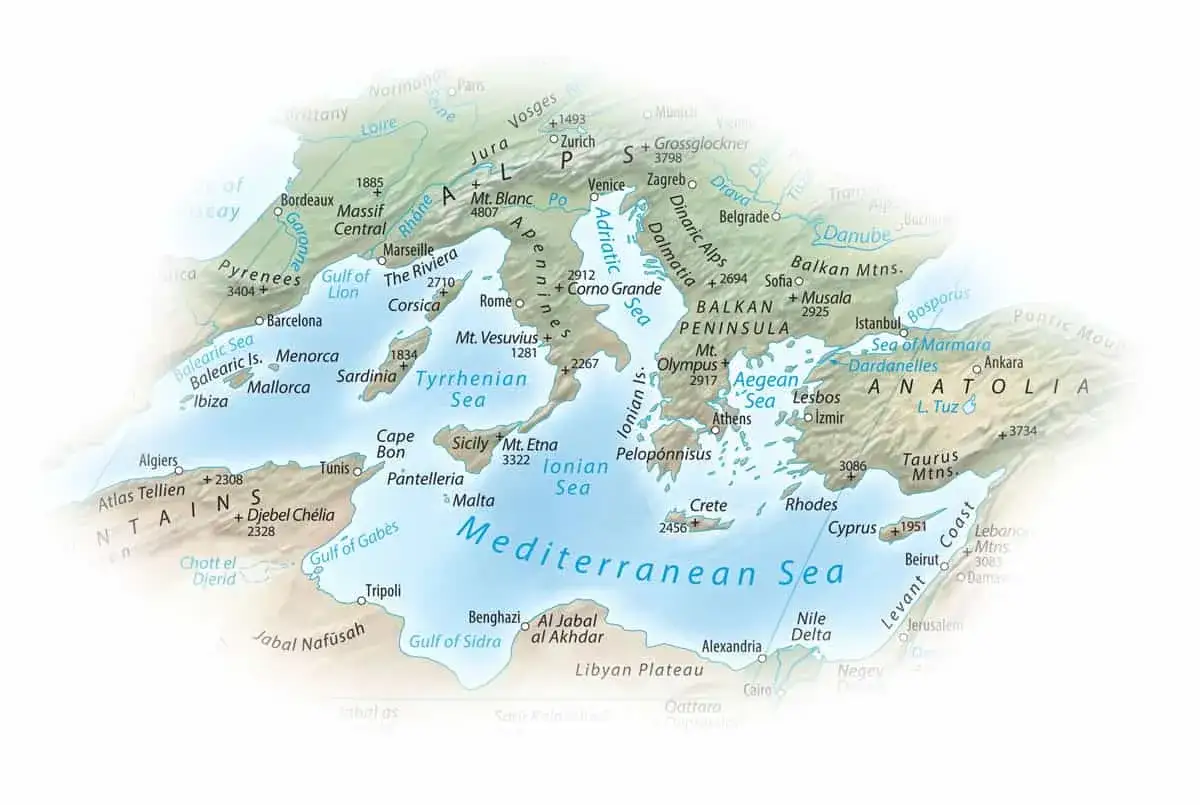 Wulkany w Europie: Wezuwiusz, Etna, Corno Grande i inne na mapie Morza Śródziemnego.