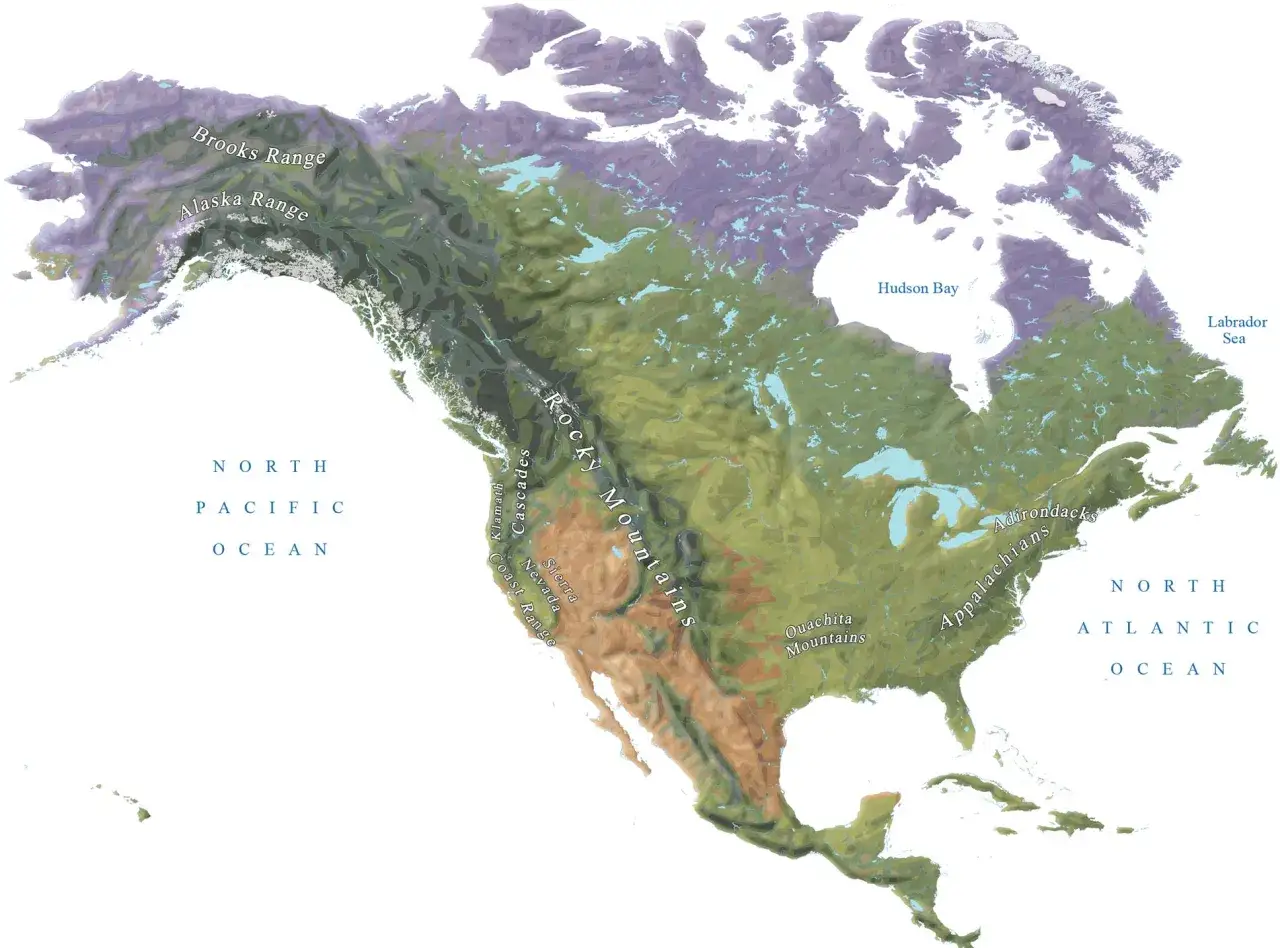 Mapa ukazująca góry w Ameryce Północnej: Brooks Range, Alaska Range, Góry Skaliste, Sierra Nevada, Appalachów i inne.