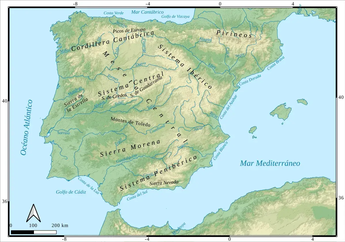 Mapa fizyczny Półwyspu Iberyjskiego z zaznaczonymi pasmami górskimi, takimi jak Pireneje, Cordillera Cantábrica i Sierra Nevada. Widoczne też systemy górskie: Sistema Central, Sistema Ibérico i Sistema Penibérico. To piękne góry w Hiszpanii.