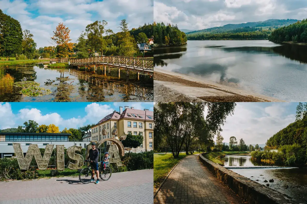 Malownicze atrakcje Wisła i okolice: park z mostkiem, jezioro, napis WISŁA z rowerzystami, ścieżka nad rzeką.