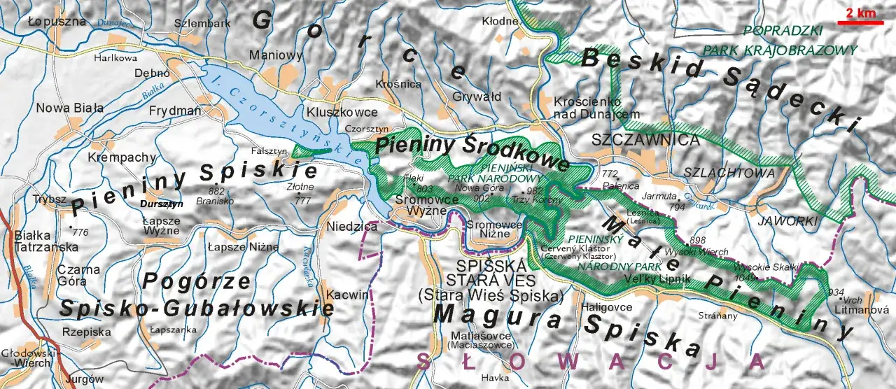 Mapa Pienin z zaznaczonymi miejscowościami turystycznymi