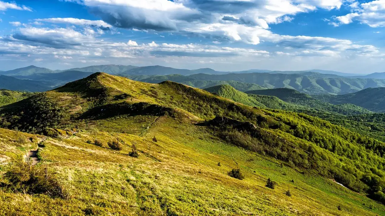 Bieszczady jakie to góry? Łagodne, zielone połoniny i zalesione grzbiety, z dalekimi pasmami górskimi w tle.