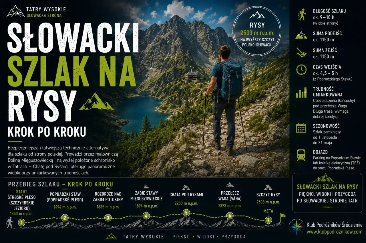 Słowacki szlak na Rysy: malownicza trasa z widokami, umiarkowana trudność, prowadzi przez Dolinę Mięguszowiecką.