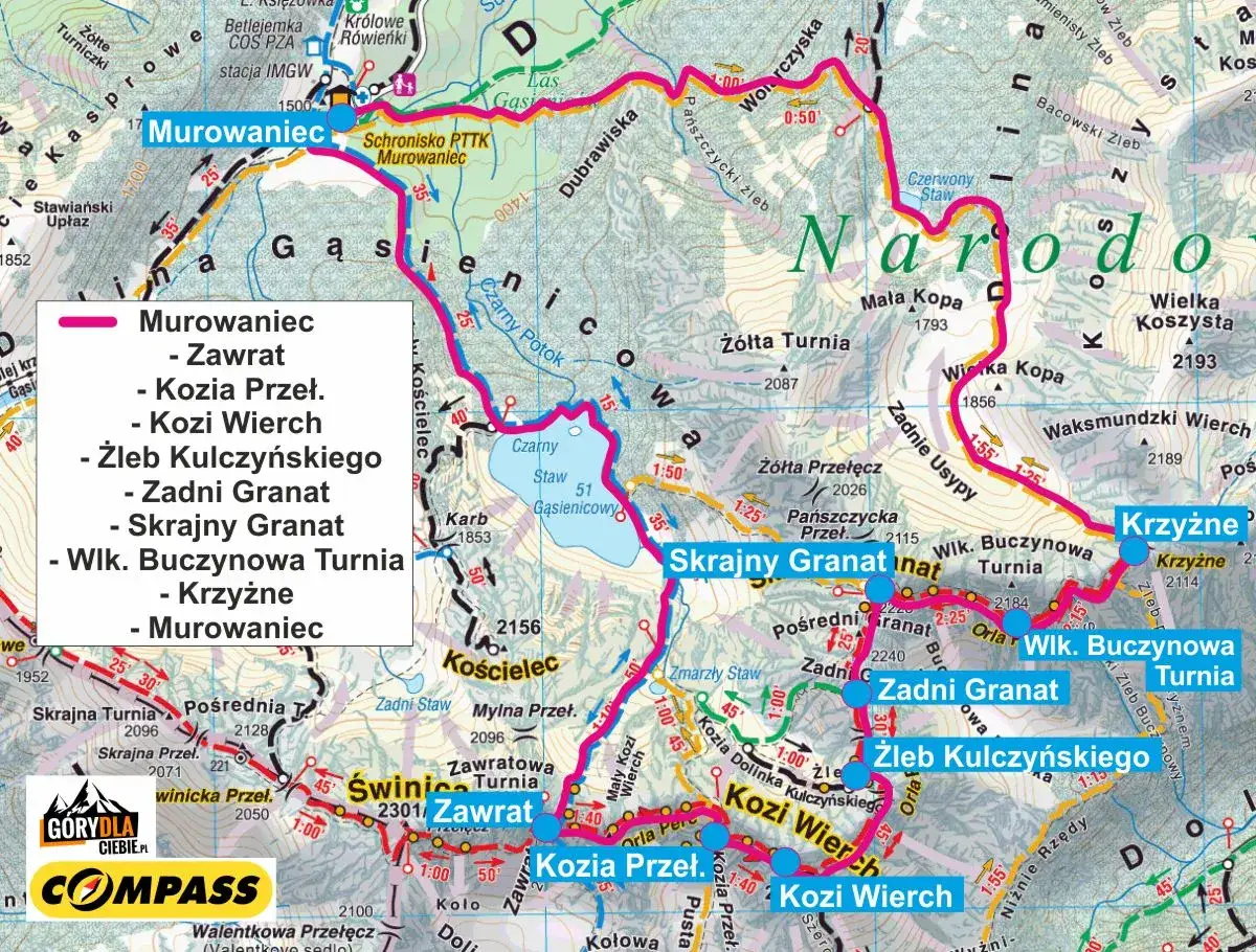 Mapa Tatr z zaznaczoną Orlą Percią, gdzie widoczna jest orla perć wysokość szczytów jak Kozi Wierch czy Zawrat.