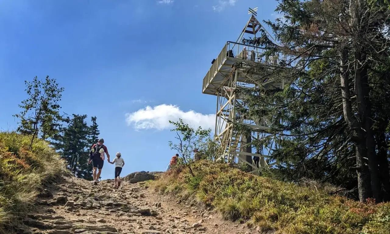 Rodzina wędruje kamienistym szlakiem na Baranią Górę. W oddali widać wieżę widokową.