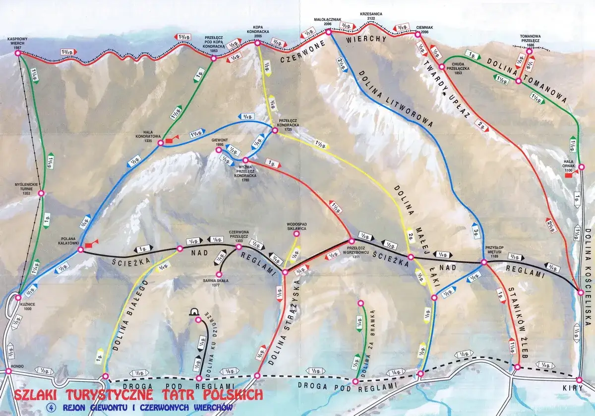 Mapa szlaków górskich z oznaczeniami trudności technicznych
