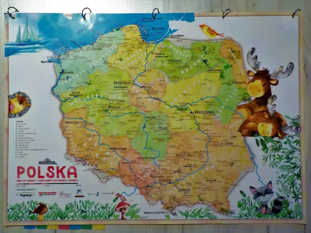 Kolorowa mapa Polski dla dzieci, ukazująca pasma górskie i inne ciekawe miejsca. Na mapie znajdują się urocze zwierzątka, które zachęcają do odkrywania Polski.