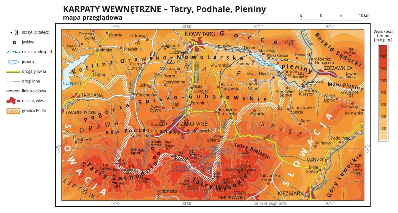 Mapa Polski z zaznaczonymi regionami górskimi: Tatry, Beskidy, Pieniny, Gorce
