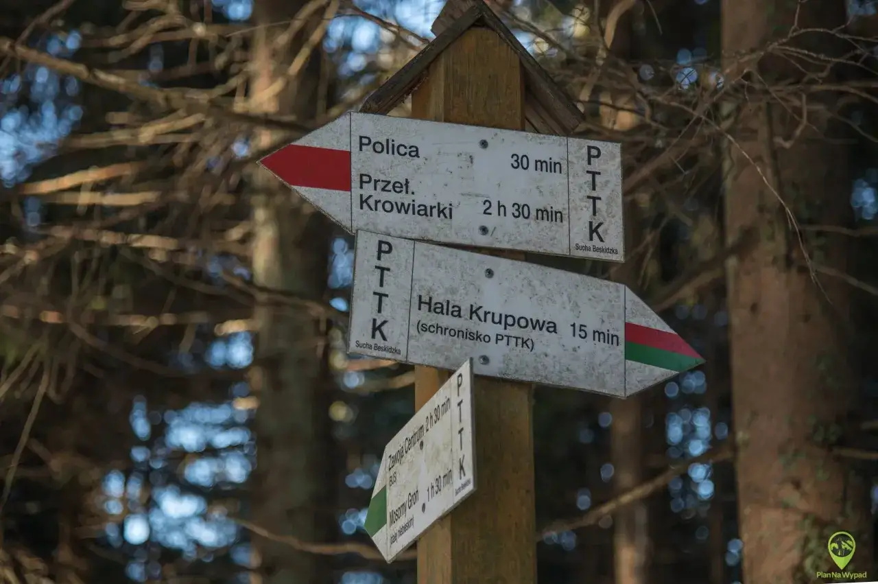 Rozdroże szlaków PTTK. Polica to najkrótszy szlak, 30 min. Dalej do Hali Krupowej 15 min.
