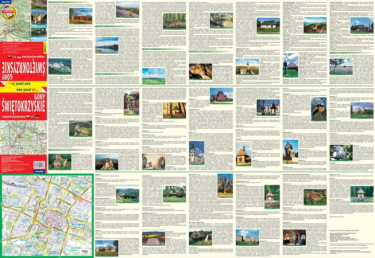 Mapa turystyczna Gór Świętokrzyskich z licznymi zdjęciami miejscowości, zabytków i krajobrazów.