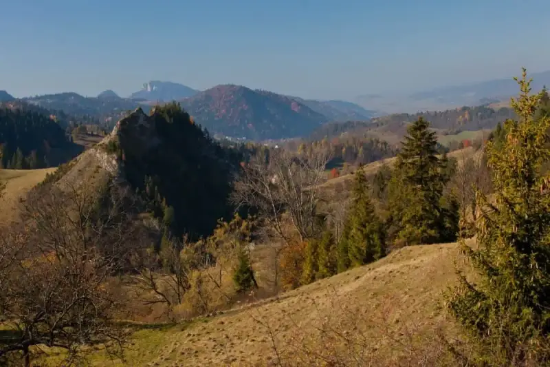 Malowniczy szlak na wysoką prowadzi przez jesienne wzgórza. W oddali widać pasmo górskie.